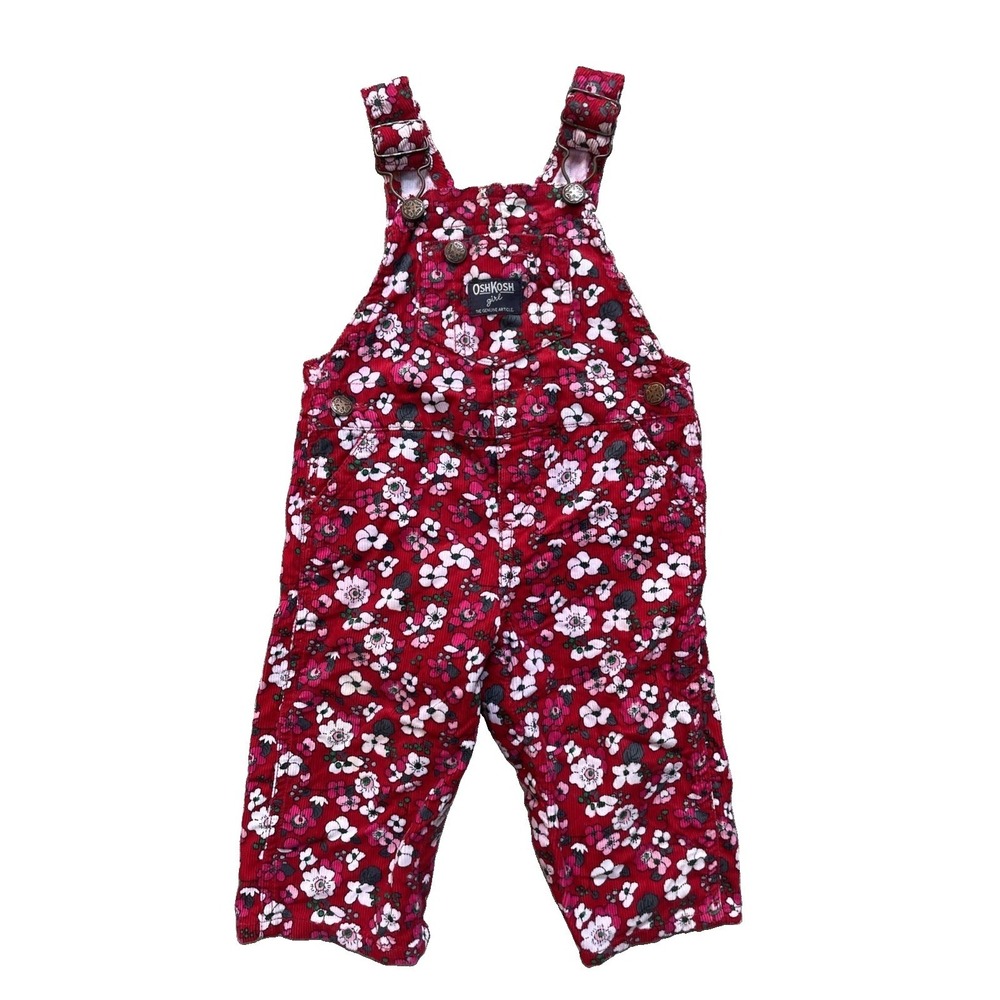 OshKosh B'gosh Girls 9M Pink Floral Corduroy Bib Overalls Cotton Baby Romper